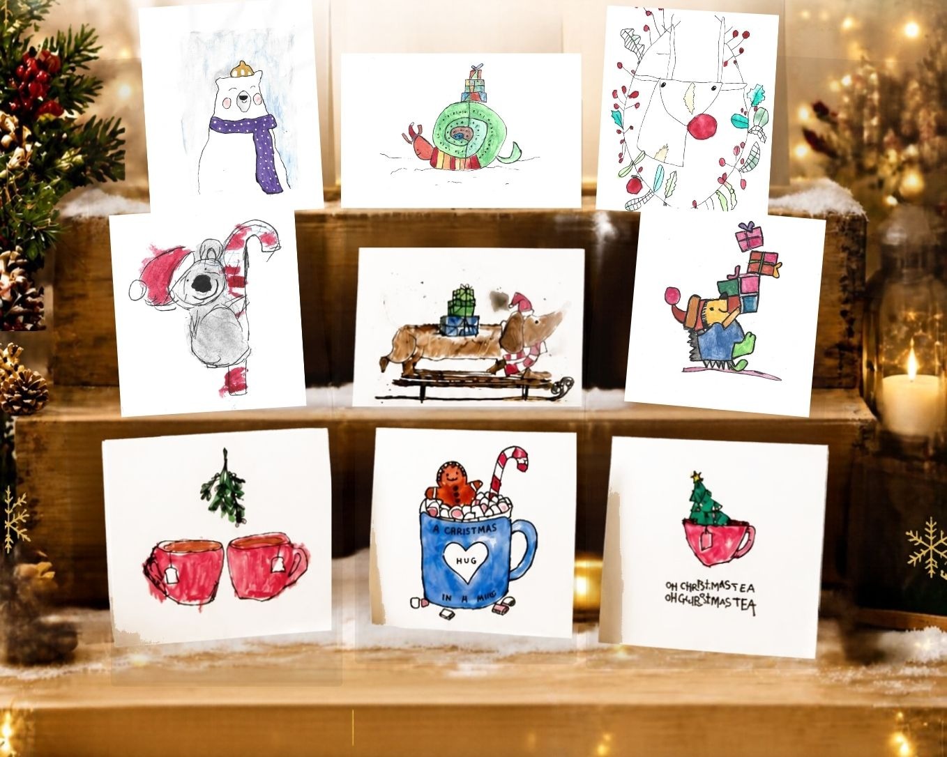 Scotts Christmas Cards displayed on a festive background